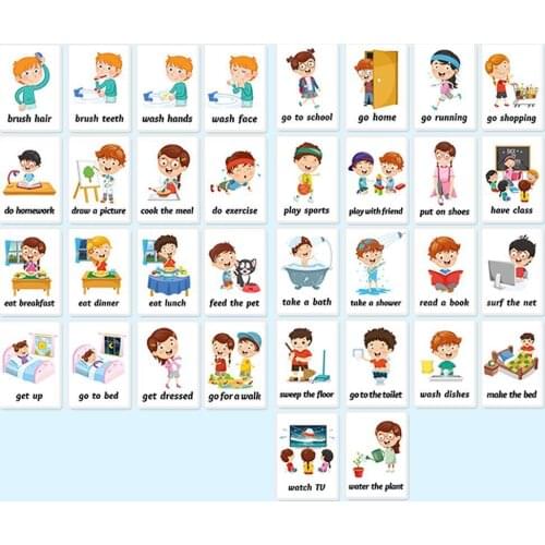 34 English Learning Cards Daily Behavior Phrase Spelling Housework Flash Card Memory Game Toys Fun Learning Resources