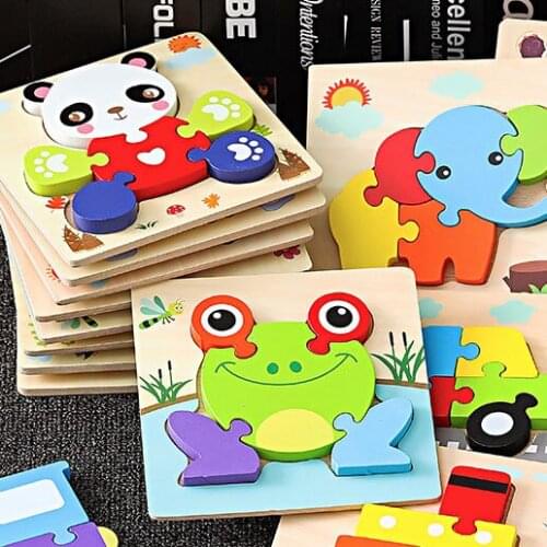 3D Wooden Puzzles Cartoon Animals Kids Cognitive Jigsaw Puzzle Wooden Toys for Children Baby Puzzle Toy Games