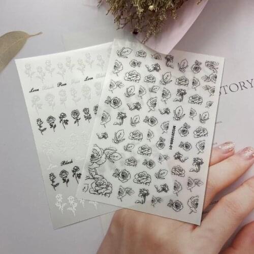 3D Nail Stickers Black and White Rose Flower Design DIY Tips Nail Art Decoration Packaging Self-adhesive Transfer Decal Slider