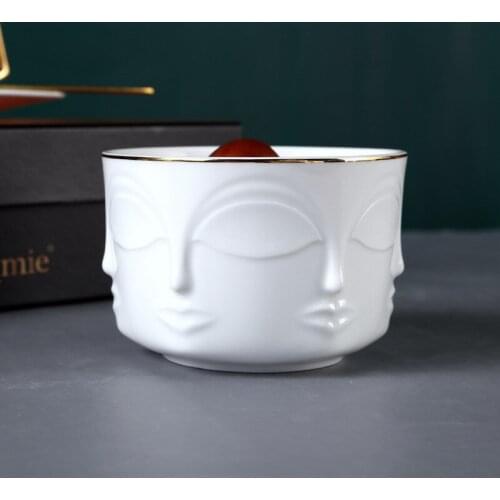 Art Three-dimensional Face Phnom Penh White Ceramic 4-inch Bowl Low Bone China Ceramic Bowl 4-Piece Multi-purpose Snack Bowl