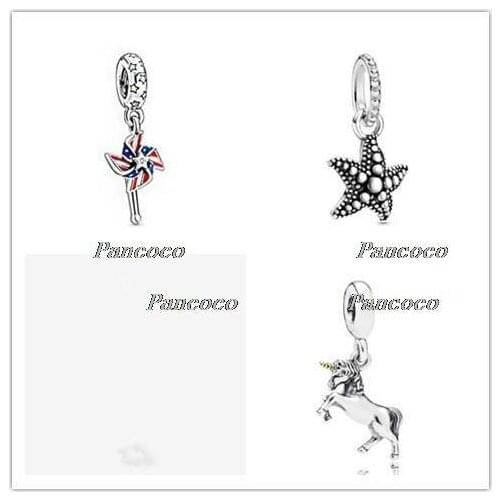 925 Sterling Silver Charm Silver Unicorn & Gold Color Hanging Charm Beads Fit Women Pandora Bracelet & Necklace DIY Jewelry