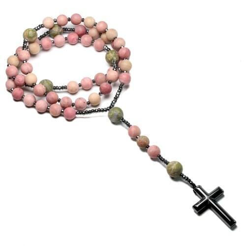 Natural Matte Rhodonite Unakite Beads Catholic Christ Rosary Necklaces Cross Pendant Necklace For Women Meditation Mala
