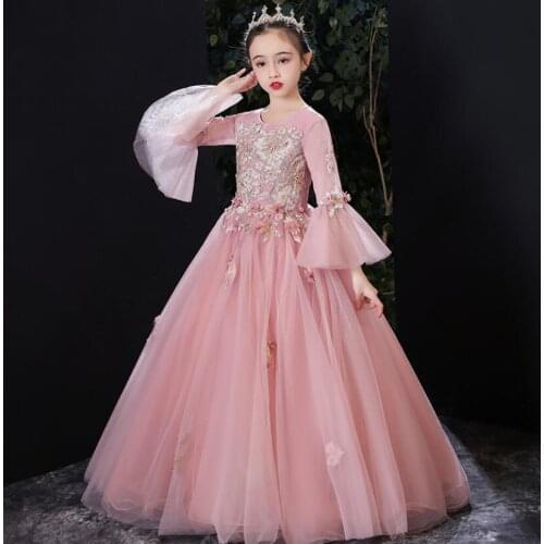 Kids Girls Elegant Wedding Flower Girl Dress Princess Party Pageant Formal Flare Sleeve Appliques Lace Party Birthday Costume