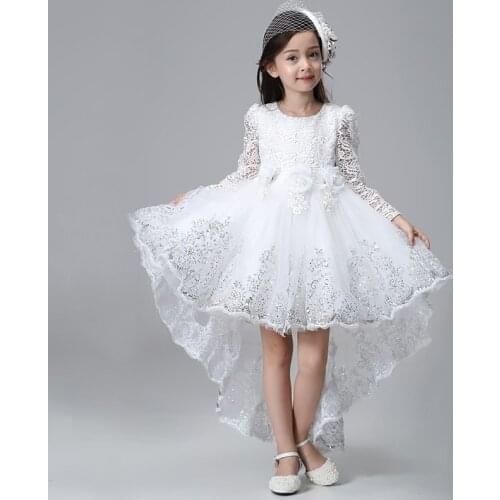 Elegant Lace Long Sleeves Princess Girls Dovetail Dress Kids Children Trailing Sequins Flower White Birthday Party Prom Dress