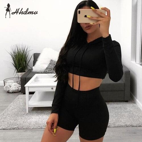 HHDMV 2020 Hot Sexy High Street Young Soft Free Style Tracksuits Solid Hooded Full Sleeve Top Short Pants Slim Women 2 Piece Set
