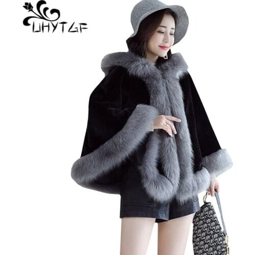 UHYTGF Quality woolen cape shawl short coats Small fragrance hooded warm autumn winter coat female elegant ponchos and capes 865