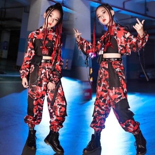 Girls' Hip Hop Dance Performance Costume Crop Tops Red Camouflage Pants Jazz Dance Clothes Kids Catwalk Stage Costume DNV15174