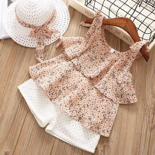 YorkZaler Girls Chiffon Clothes Set Summer Baby Girl Clothing Flower Print Shirt+Pants+Hat 3 Pcs Outfits Short Sleeve Beach Suit