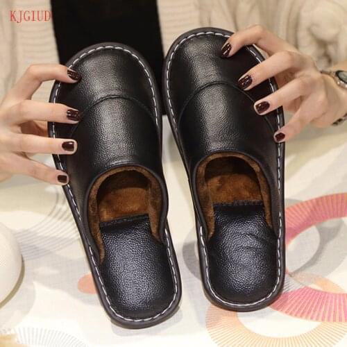 Leather cotton slippers mens winter home indoor beef tendon bottom non-slip waterproof warm leather slippers women