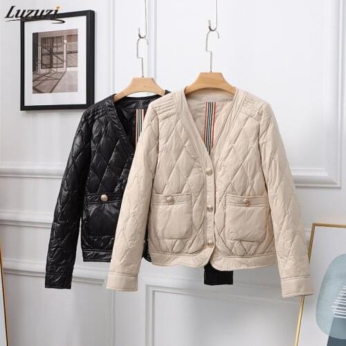 Luzuzi Lightweight Down Jacket Womens Short 2021 Autumn Winter Warm V-neck White Duck Down Coat Female Casual Slim Outwear