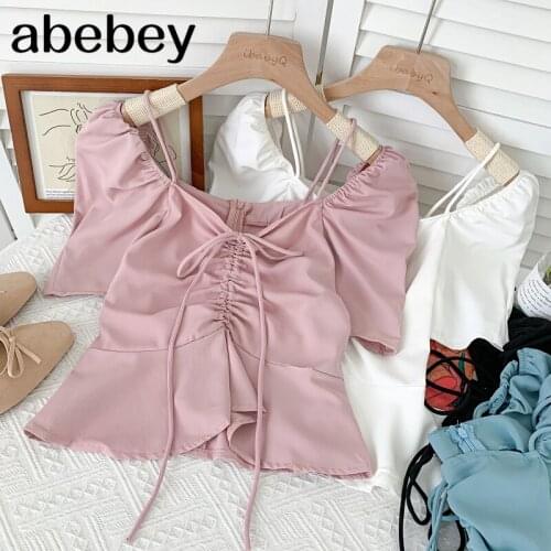 Sweet versatile V-neck puff sleeve Shirt drawstring lace up pleated waist Ruffles short Shirt Top 2021 New Summer Women