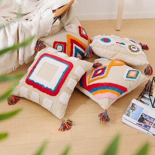 Fashion Boho Style Handmade Cushion Cover Plush Blue Diamond With Cute Circle Moroccan Colorful Pillow Cover Home Decorative
