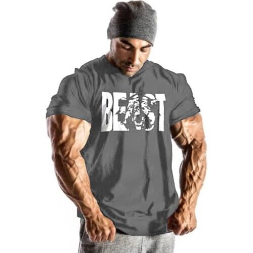 Gyms Mens Beast T-Shirts Cotton Short Sleeve Bodybuilding Tops Workout Fitness Clothes Gyms Clothing Muscle Clothes