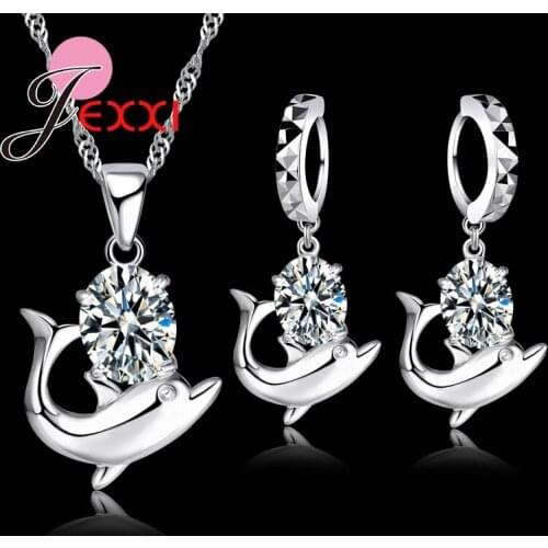 Fast Shipping Pretty CZ Cubic Zirconia Jewelry Set 925 Sterling Silver Romantic Dolphin Pendant Necklace & Earrings Set