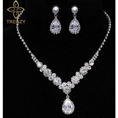 TREAZY Luxury Cubic Zircon Crystal Bridal Jewelry Sets Waterdrop Necklace Earrings Sets for Women Wedding Party Jewelry