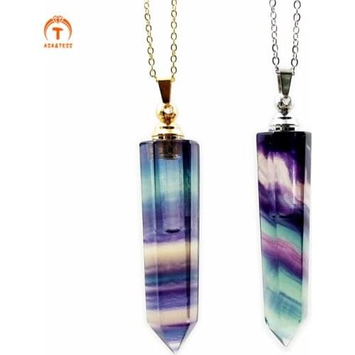 Natural Fluorite Hexagon Prism Pointed Stone Essential Oil Diffuser Perfume Bottle Pendant Fluorite Necklaces For Women Jewelry