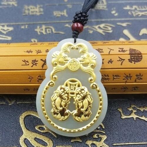 New Arrival Pure 24K Yellow Gold Pendant Nephrite Hetian Jade Luck Pixiu Pendant 50x35mm
