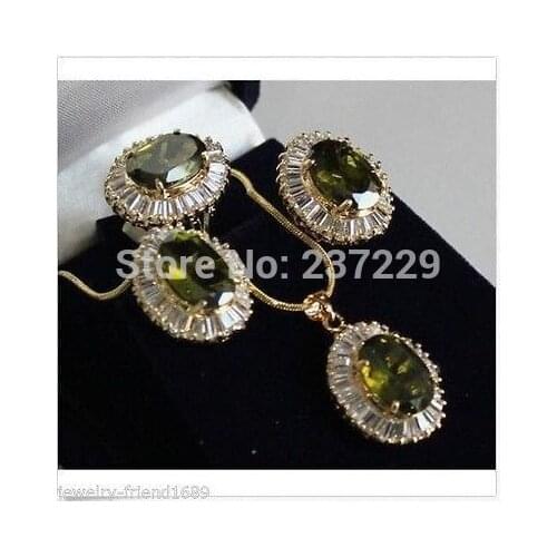 Wholesale price ^^^^Olive green crystal pendant necklace Stud earring Ring Sets + Free Chain