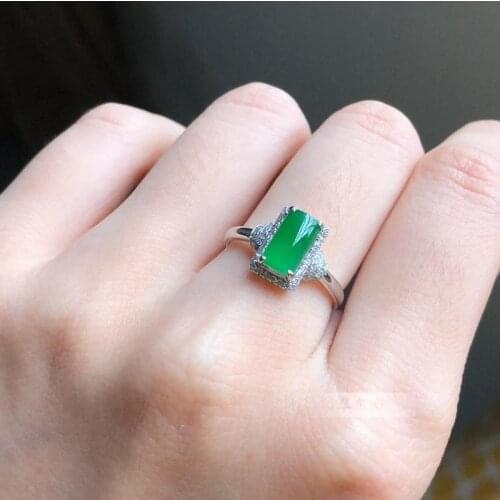 Original natural green chalcedony geometric opening adjustable ring Chinese retro light luxury charm lady silver jewelry