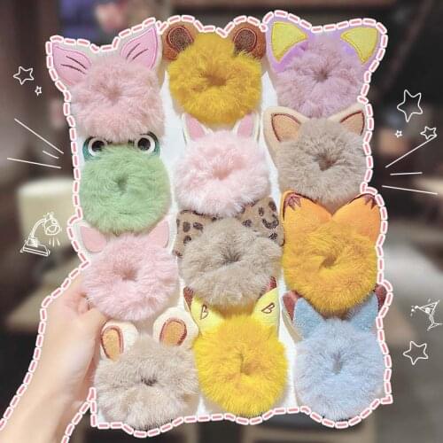 Oaoleer Winter New Girls Cute Cartton Animals Ears Plush Scrunchie Elastic Hair Rubber Bands Ponytail Holder Hair Accessories