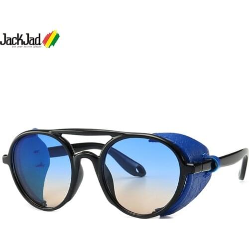 JackJad 2021 Cool Fashion SteamPunk Style Round Sunglasses Punk Leather Side Shield Brand Design Sun Glasses Oculos De Sol 588
