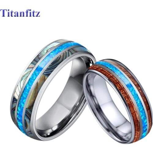 Marriage Alliances 8mm Blue Opal Tungsten carbide jewelry Koa wood Shell wedding band couple rings for Men and women gift