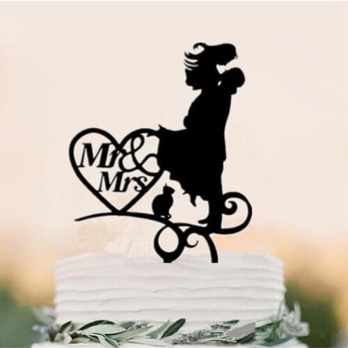 Bride Groom with a cat Wedding Cake Topper Mr Mrs Acrylic Black Cake Toppers Wedding Decoration Marriage Party Supplies