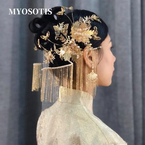 Traditional Chinese Headdress Hair Stick Women Wedding Hair Accessories Gold Heavy Tassel Head Jewelry Bridal Headpiece