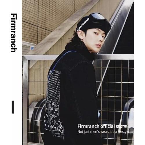 Firmranch Men High Quality Couples Heavy Denim Vintage Paisley Shirt For Men /Women High Street Casual Wear Black Shirt Jackets