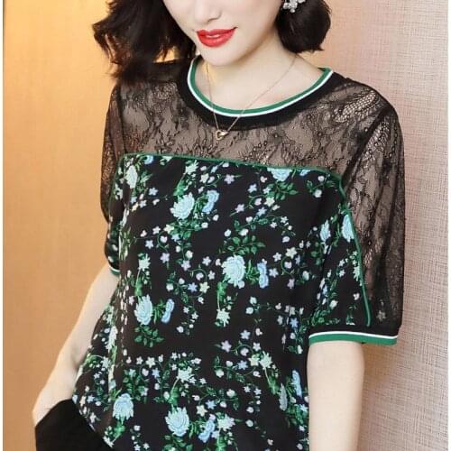 Women Spring Summer Style Lace Patchwork Blouses Shirts Lady Casual Short Sleeve O-Neck Flower Printed Blusas Tops ZZ0685