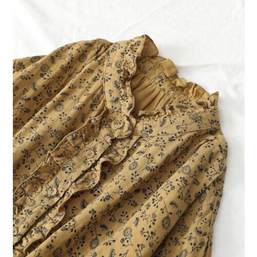 Lamtrip Unique Plus Size Ruffles Floral Print Double Layers Cotton Yarn Retro Long Sleeve Shirt Blouse 2021 Autumn