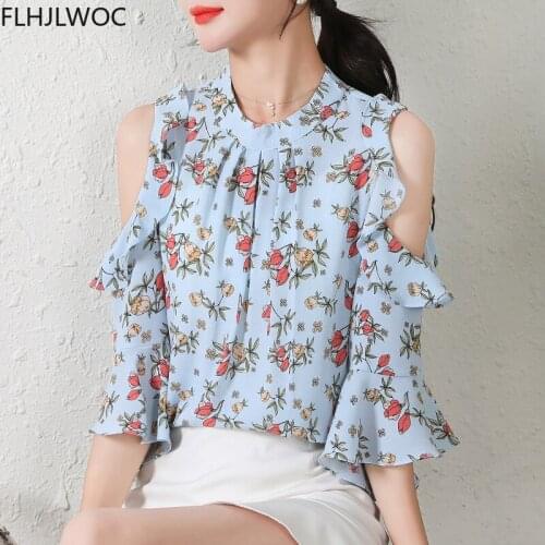 Cute Chic Tops Sweet Girls Holiday Date Wear Women Summer Flhjlwoc Korean Floral Chiffon Ruffled Off Shouler Top Blouse