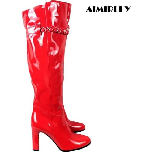 Womens Boots Round Toe High Heels Over The Knee Boots Fashion Winter Long Red Patent Leather Female Shoes Block Heel