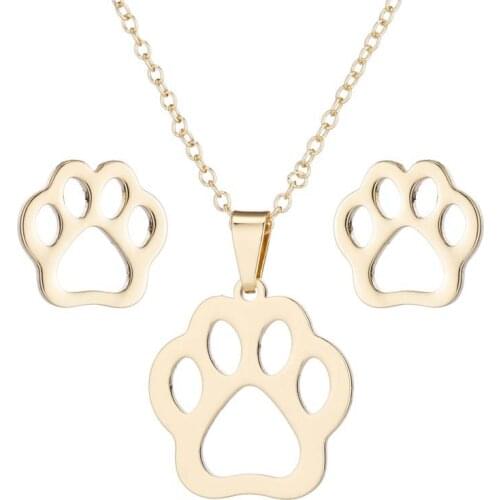 AsJerlya Stainless Steel Womens Dog Pet Cat Animal Paw Print Footprint Gold Silver Color Necklace Pendant Stud Earrings Jewelry