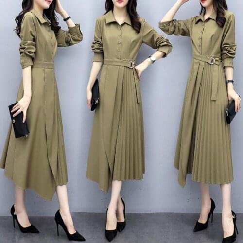 Women 2021 Spring Autumn Fashion Pleated Dress Female Elegant Lapel Long-Sleeve Vintage Dresses Lady Casual Slim Vestidos Z305