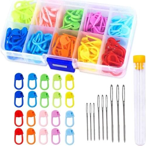 120 Pieces Knitting Crochet Stitch Markers Colorful Clips with 9 Pieces Big Eye Sewing Needles
