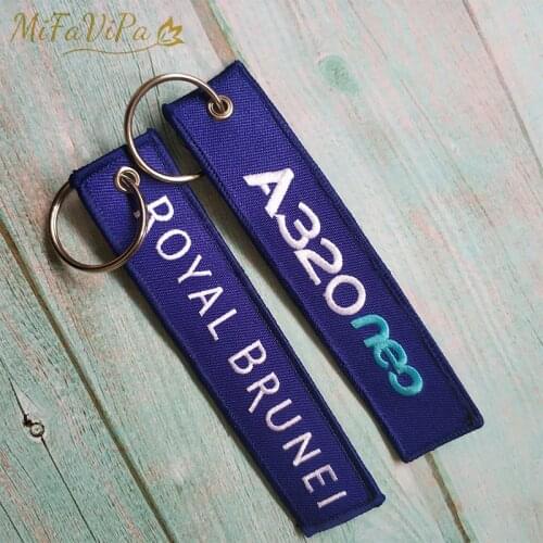 MiFaViPa 2 PCS Fashion Chaveiro Side A Royal Brunei Side B A320 Key Chains Embroidery llavero for Aviation Lover Blue Trinkets
