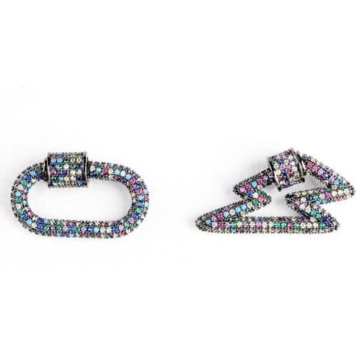 2PCS, Black Rainbow CZ Micro Pave Crystal Zirconia Clasp Lightning /Oval Shaped Lock Carabiner Pave Lock Jewelry Findings