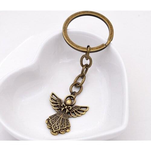 2pcs Fashion 30mm Key Ring Metal Key Chain Keychain Jewelry With Antique Bronze Plated Angel 26*23mm Pendant