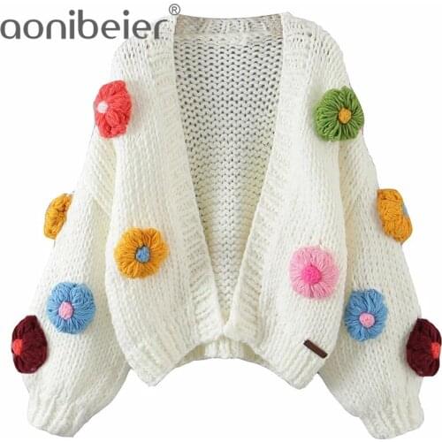 Aonibeier 2021 Za Hand Made Sweater Traf Jackets Autumn Winter 3D Flowers Chunky Knit Cardigan Open Front Woman Loose Crop Tops