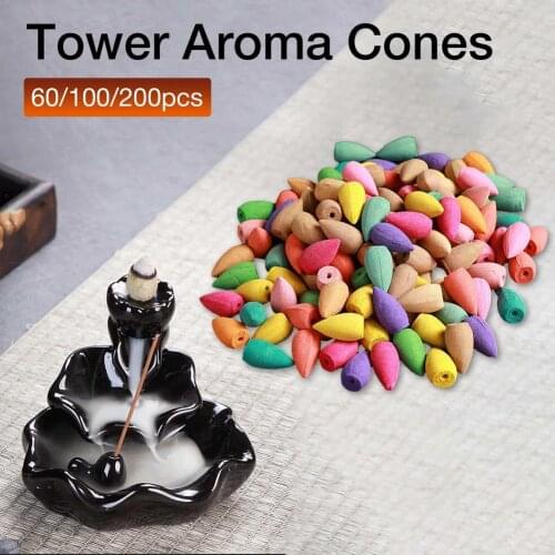 60/100/300Pcs Natural Sandalwood Backflow Incense Colorful Indoor Tower Zen Incense Aroma Air Purify Freshener Cone Home Supply