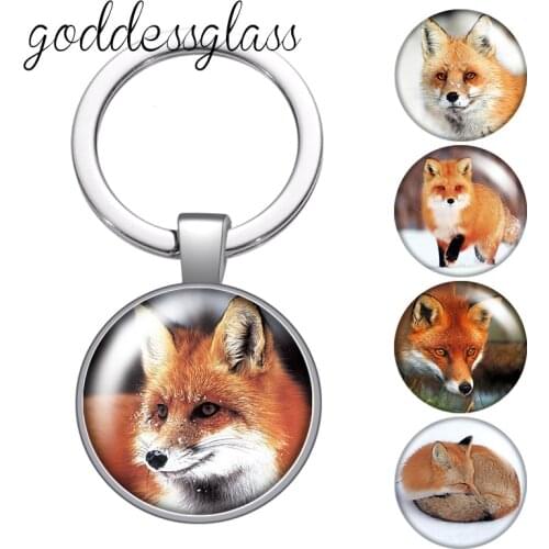 New Red Fox smart animal round glass cabochon keychain Bag Car key chain Ring Holder Charms keychains Gifts