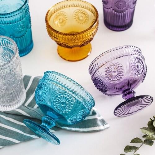 Retro European Style Sunflower Ice Cream Cup Color Dessert Salad High Foot Ice Cream Cup Relief Glass