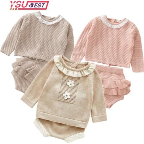 Children Baby Clohting Knit Set 2020 New Spring Autumn Flowers Fashion Baby Girls Clothes Long Sleeve Knit Sweater+Shorts Sets