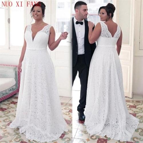 NUOXIFANG Fashionable Lace V Neck A-line Plus Size Cheap Wedding Dresses 2020 Bowknot White Lace Bridal Gowns Vestido De Noiva