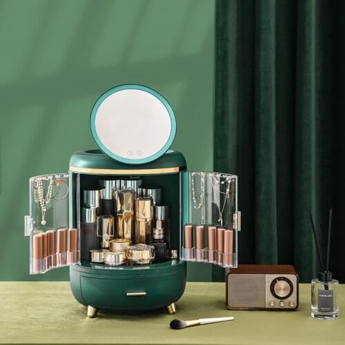 Desktop LED Makeup Mirror with Lamp Tabletop Folding Dresser To Complement The Light Ins Wind Collection Box Jewelry Organizer