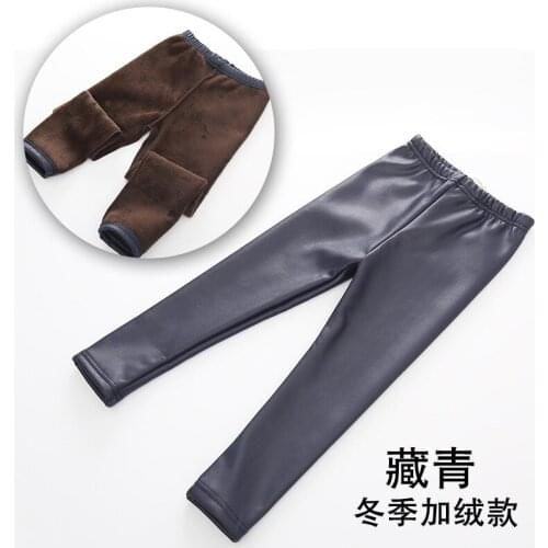 New Winter Girl Add Wool Imitation Leather Leggings Big girls Black Leggings Plush Leather Pants