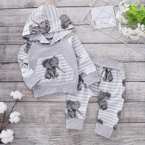 Newborn Autumn Clothes Outfits Sets Tracksuit Baby Girls Boy Hooded Tops+Pants Personality Elephant print boutique kids clothing