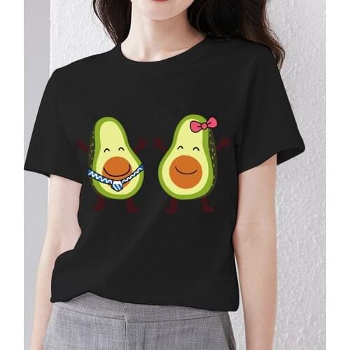 All-match Womens T-shirt Classic Black Print T-shirt Fashion Cartoon Avocado Pattern Series Ladies Tops Short-sleeved Clothes