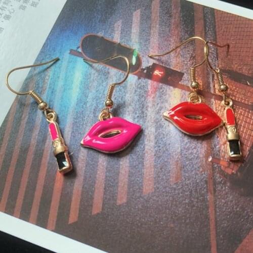 Makeup Earrings Gold Color Red Lipstick Lip Enamel , lipstick lips earrings , Asymmetric Earring Gift For Woman